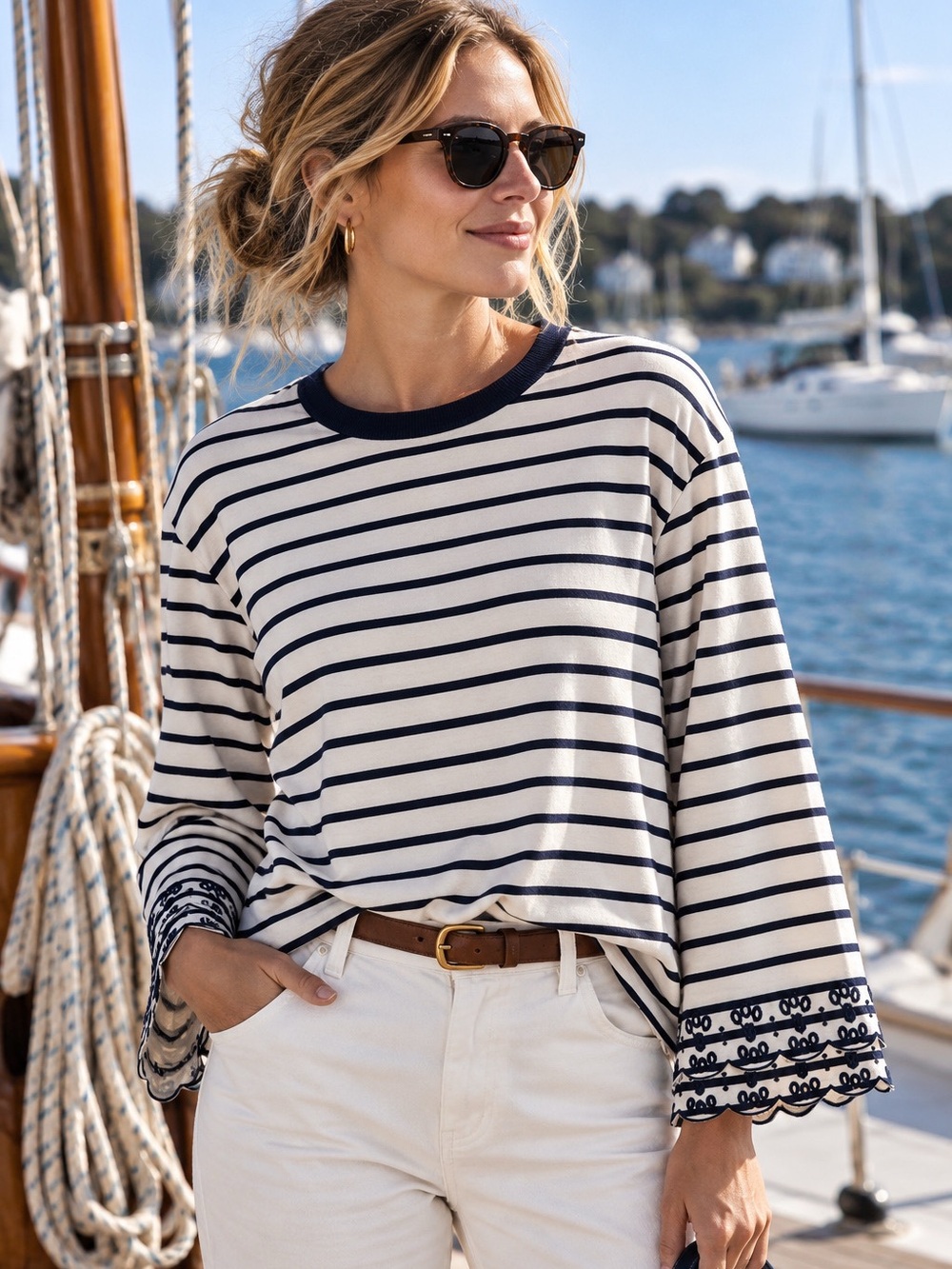 Madewell Mariner Jersey Bell-Sleeve Striped T-Shirt with Embroidered Scalloped T